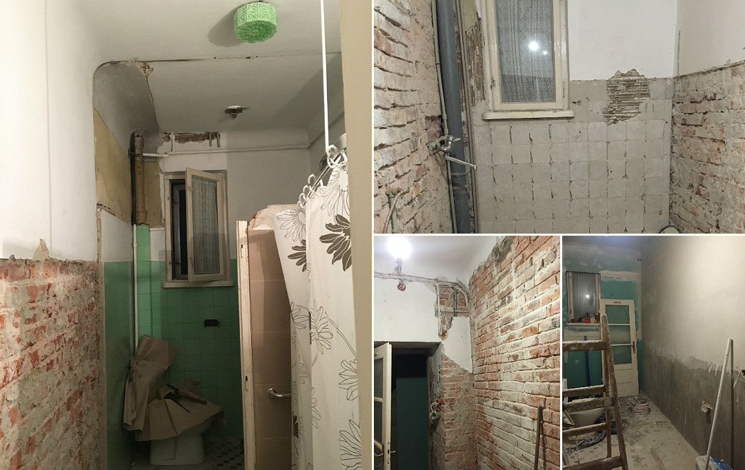 skuwanie płytek odkrywanie starej cegły nowe tynki remont generalny łazienki w łazience