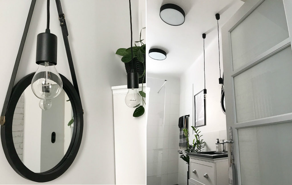oprawki na kablu tekstylnym w łazience plafony metalowe czarne do łazienki